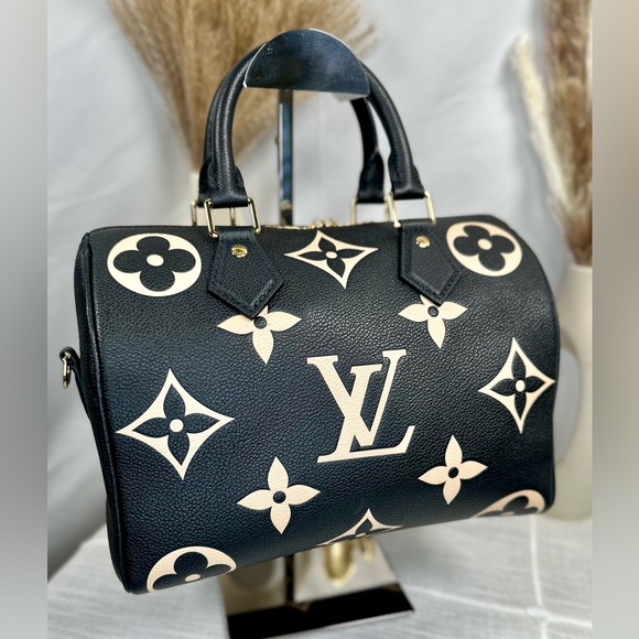 NEW Louis Vuitton Black & Beige Monogram Empreinte Leather Speedy Bandoulière 25 - Picture 1 of 17